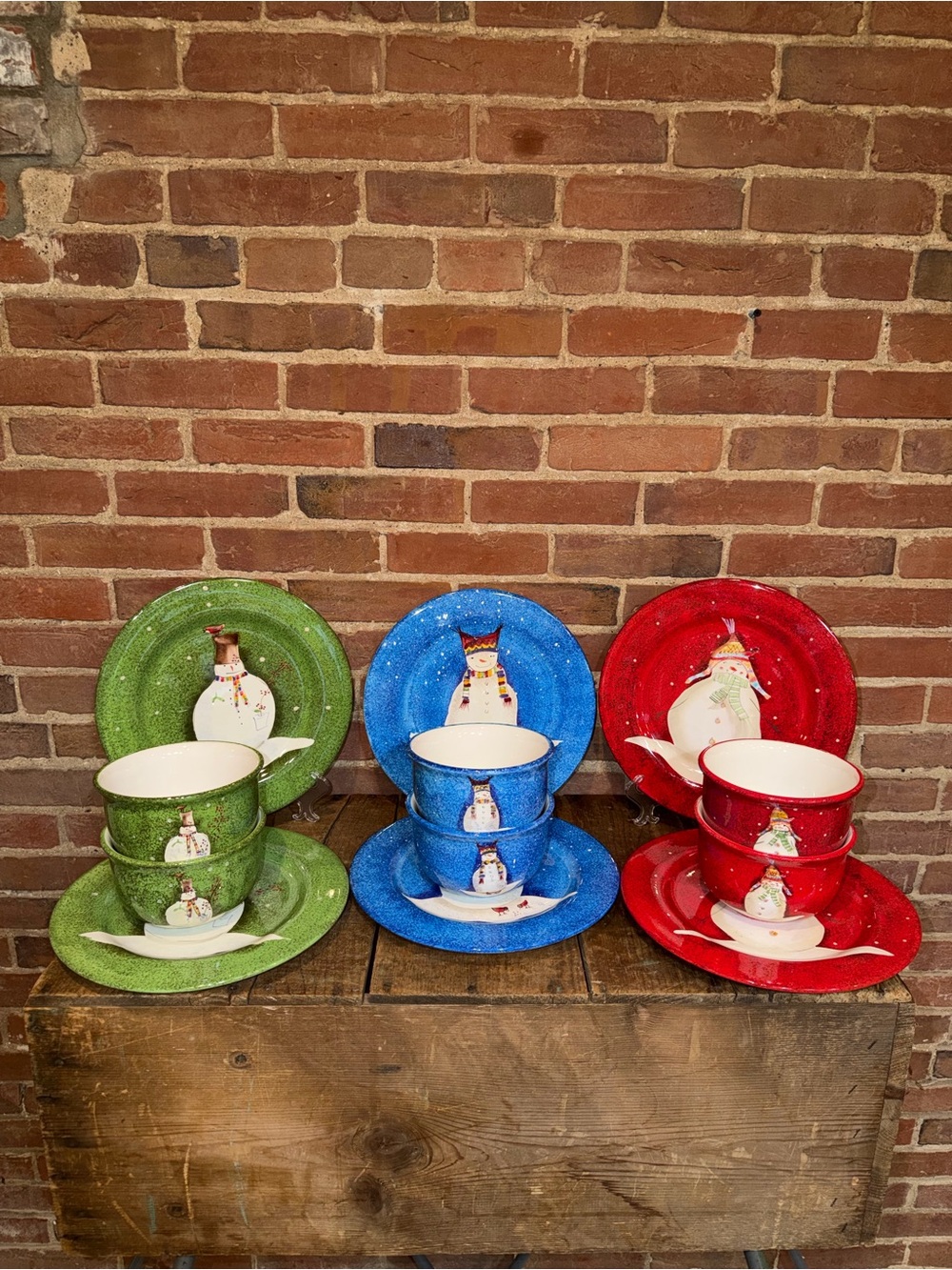 Sakura Holiday Snowmen Ceramic Tea Set - Green, Blue, Red Christmas Blizzard